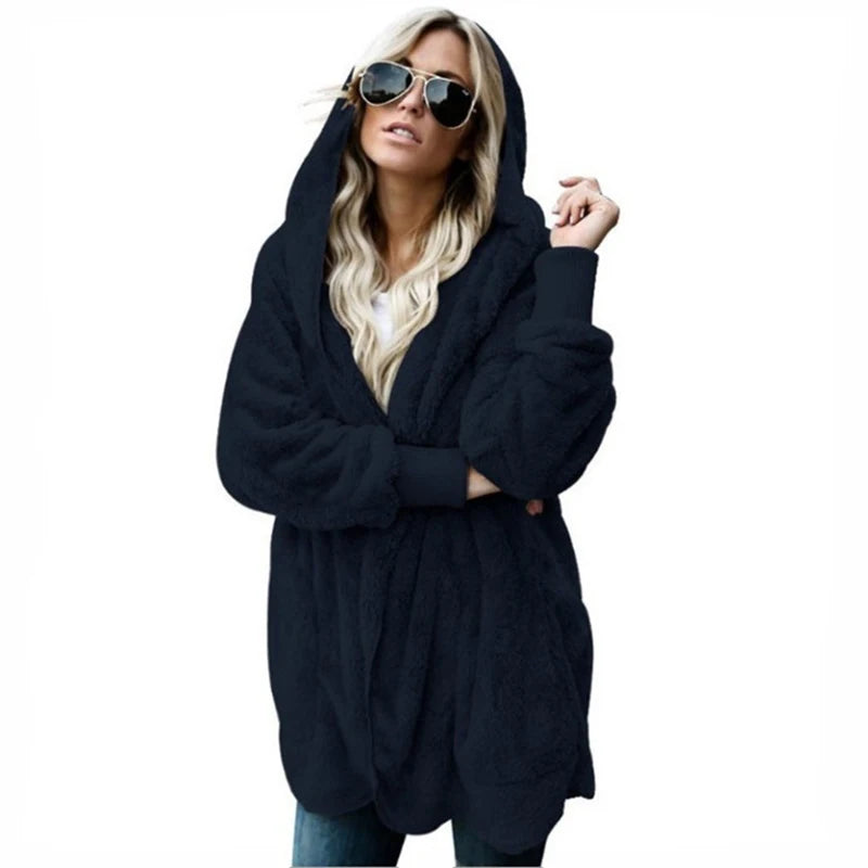 Veste Cardigan Double polaire pour femme, couleur unie, manches longues, peluche, chaude, à capuche, manteau d'extérieur surdimensionné, automne hiver