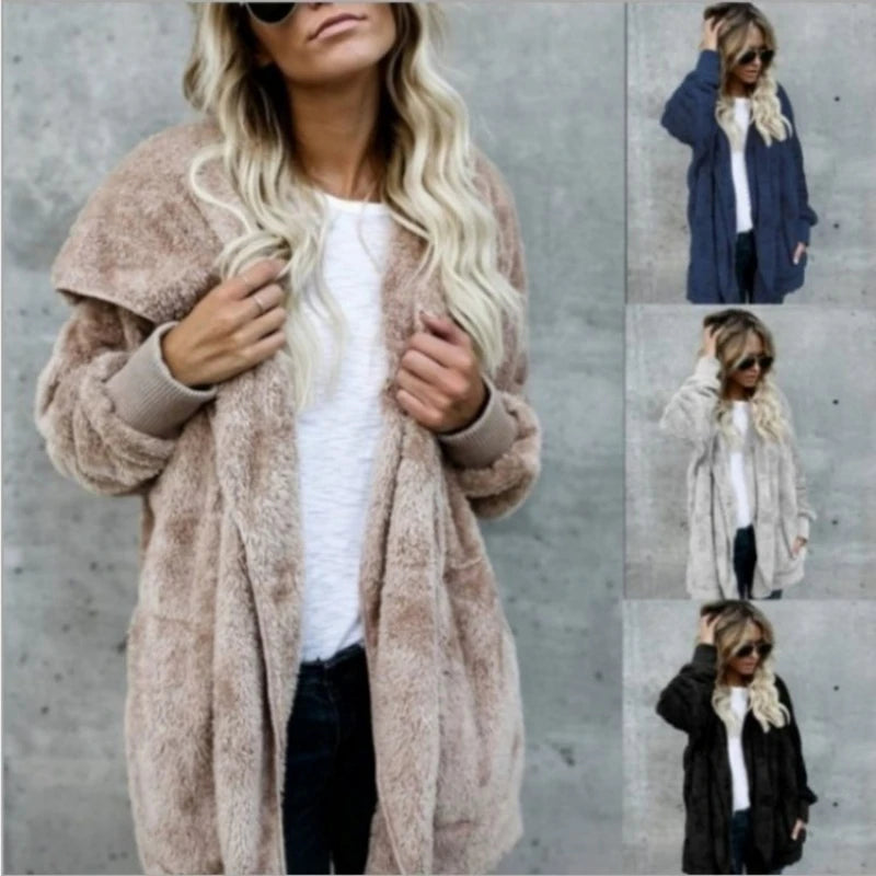 Veste Cardigan Double polaire pour femme, couleur unie, manches longues, peluche, chaude, à capuche, manteau d'extérieur surdimensionné, automne hiver