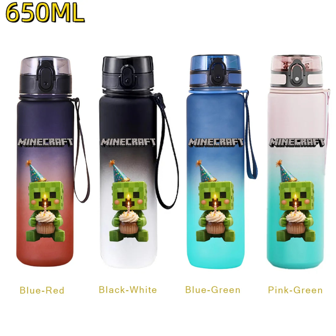 Bouteille d'eau sport Minecraft 650 ml, gourde en plastique anti-fuite, shaker de fitness pour extérieur, bouteille de voyage, gourde de bureau, cadeaux d'anniversaire