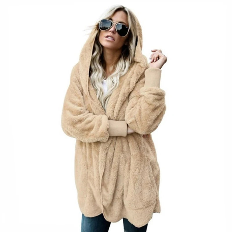 Veste Cardigan Double polaire pour femme, couleur unie, manches longues, peluche, chaude, à capuche, manteau d'extérieur surdimensionné, automne hiver