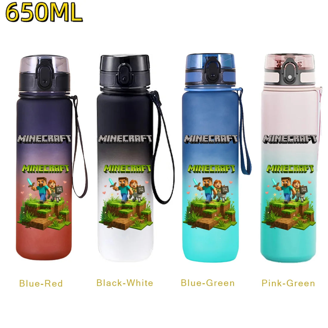 Bouteille d'eau sport Minecraft 650 ml, gourde en plastique anti-fuite, shaker de fitness pour extérieur, bouteille de voyage, gourde de bureau, cadeaux d'anniversaire