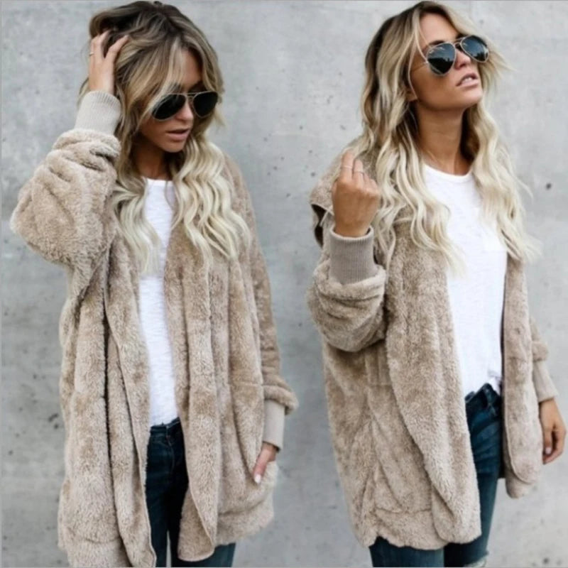 Veste Cardigan Double polaire pour femme, couleur unie, manches longues, peluche, chaude, à capuche, manteau d'extérieur surdimensionné, automne hiver