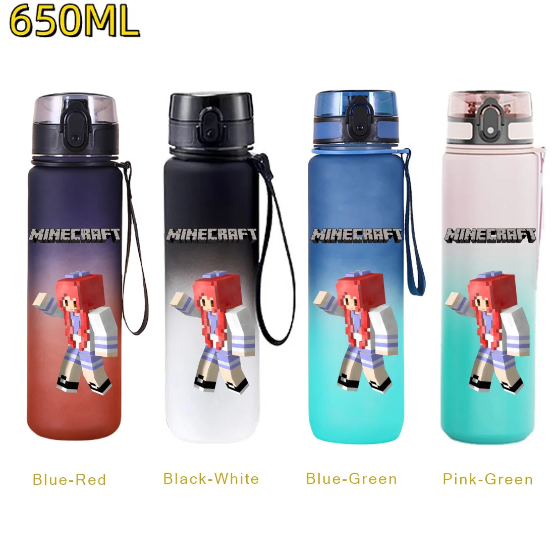 Bouteille d'eau sport Minecraft 650 ml, gourde en plastique anti-fuite, shaker de fitness pour extérieur, bouteille de voyage, gourde de bureau, cadeaux d'anniversaire