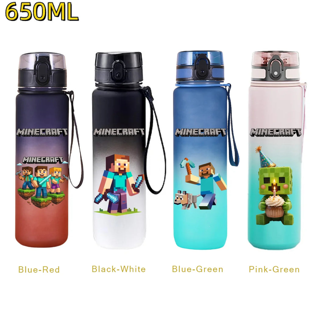Bouteille d'eau sport Minecraft 650 ml, gourde en plastique anti-fuite, shaker de fitness pour extérieur, bouteille de voyage, gourde de bureau, cadeaux d'anniversaire