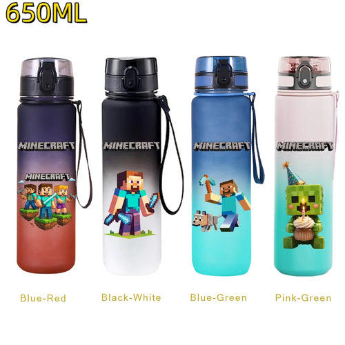 Bouteille d'eau sport Minecraft 650 ml, gourde en plastique anti-fuite, shaker de fitness pour extérieur, bouteille de voyage, gourde de bureau, cadeaux d'anniversaire