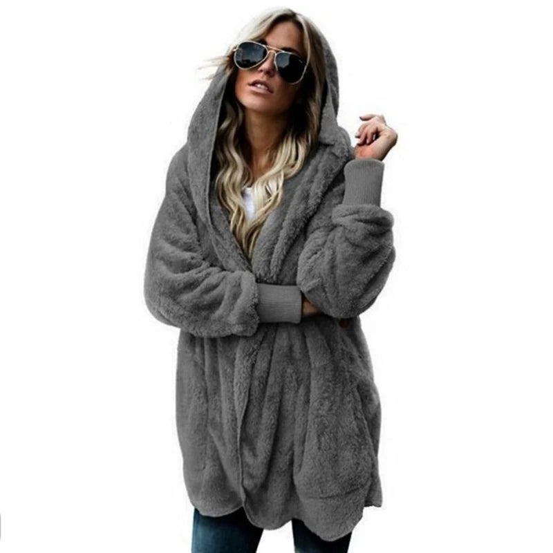 Veste Cardigan Double polaire pour femme, couleur unie, manches longues, peluche, chaude, à capuche, manteau d'extérieur surdimensionné, automne hiver