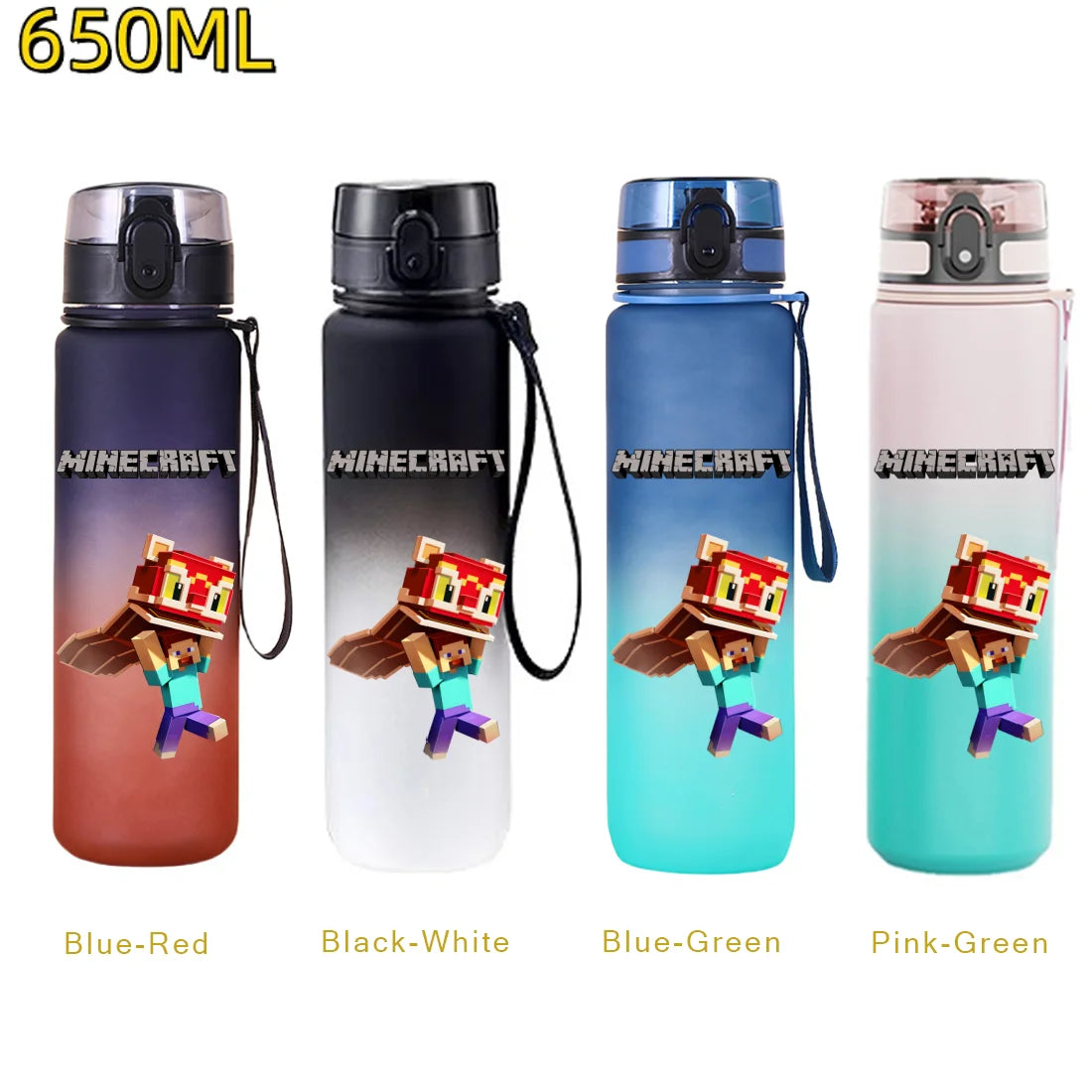 Bouteille d'eau sport Minecraft 650 ml, gourde en plastique anti-fuite, shaker de fitness pour extérieur, bouteille de voyage, gourde de bureau, cadeaux d'anniversaire