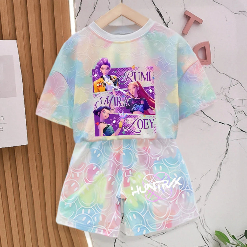 Nouvel ensemble T-shirt et pantalon KPOP Demon Hunters pour filles, vêtements d'été Kawaii avec visage souriant, tenues à manches courtes, pyjama pour enfants, cadeau