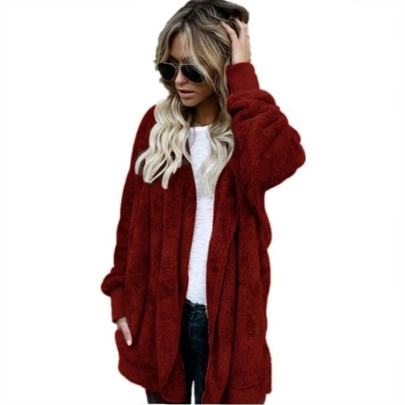 Veste Cardigan Double polaire pour femme, couleur unie, manches longues, peluche, chaude, à capuche, manteau d'extérieur surdimensionné, automne hiver