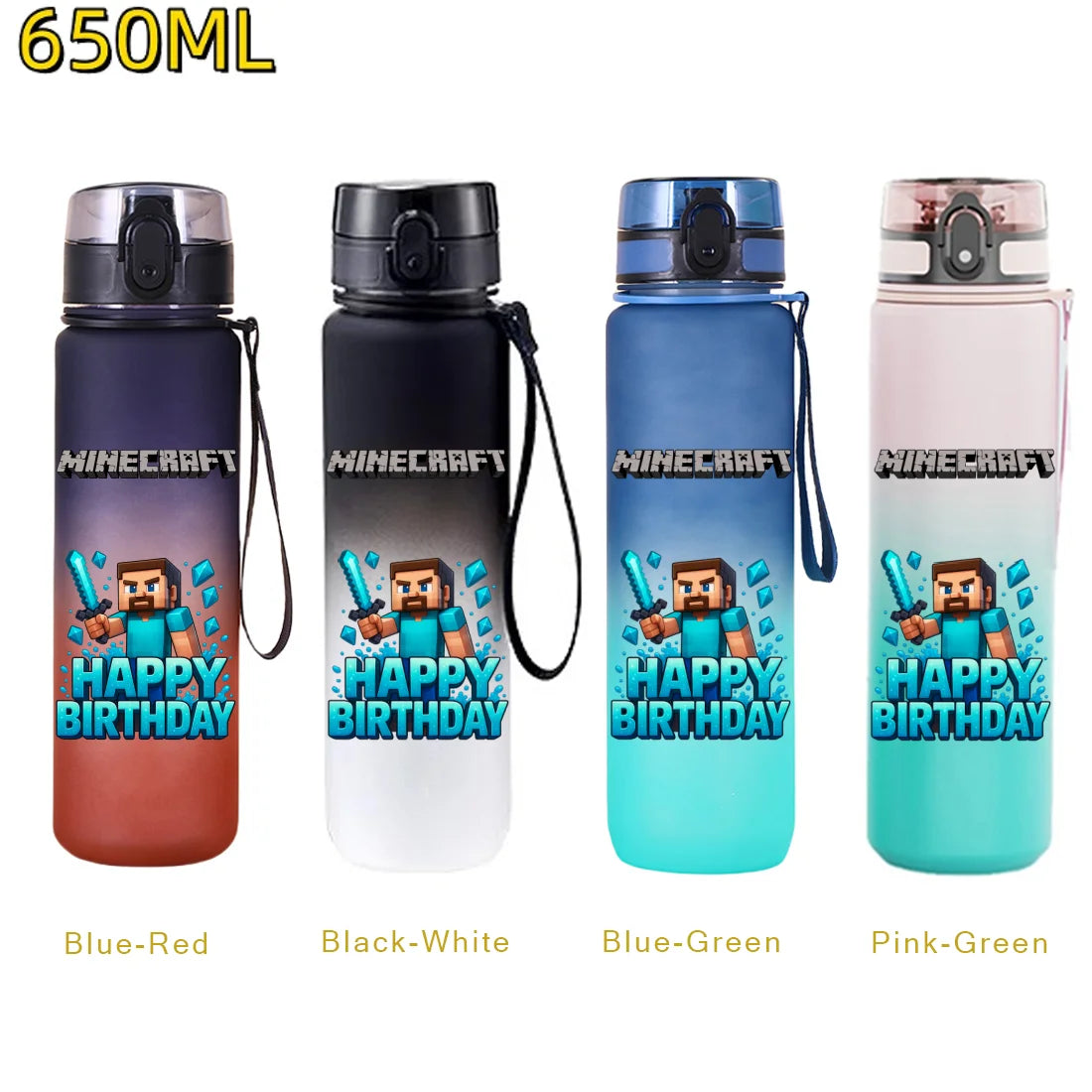 Bouteille d'eau sport Minecraft 650 ml, gourde en plastique anti-fuite, shaker de fitness pour extérieur, bouteille de voyage, gourde de bureau, cadeaux d'anniversaire