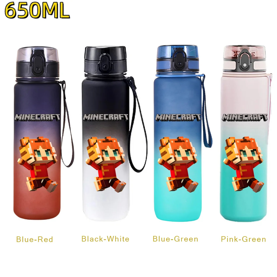 Bouteille d'eau sport Minecraft 650 ml, gourde en plastique anti-fuite, shaker de fitness pour extérieur, bouteille de voyage, gourde de bureau, cadeaux d'anniversaire
