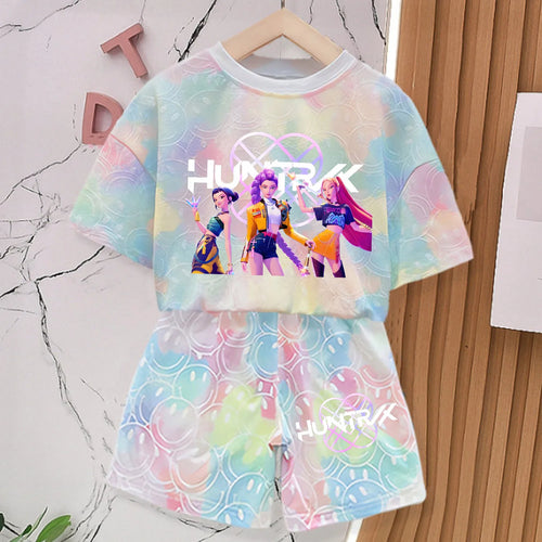 Nouvel ensemble T-shirt et pantalon KPOP Demon Hunters pour filles, vêtements d'été Kawaii avec visage souriant, tenues à manches courtes, pyjama pour enfants, cadeau