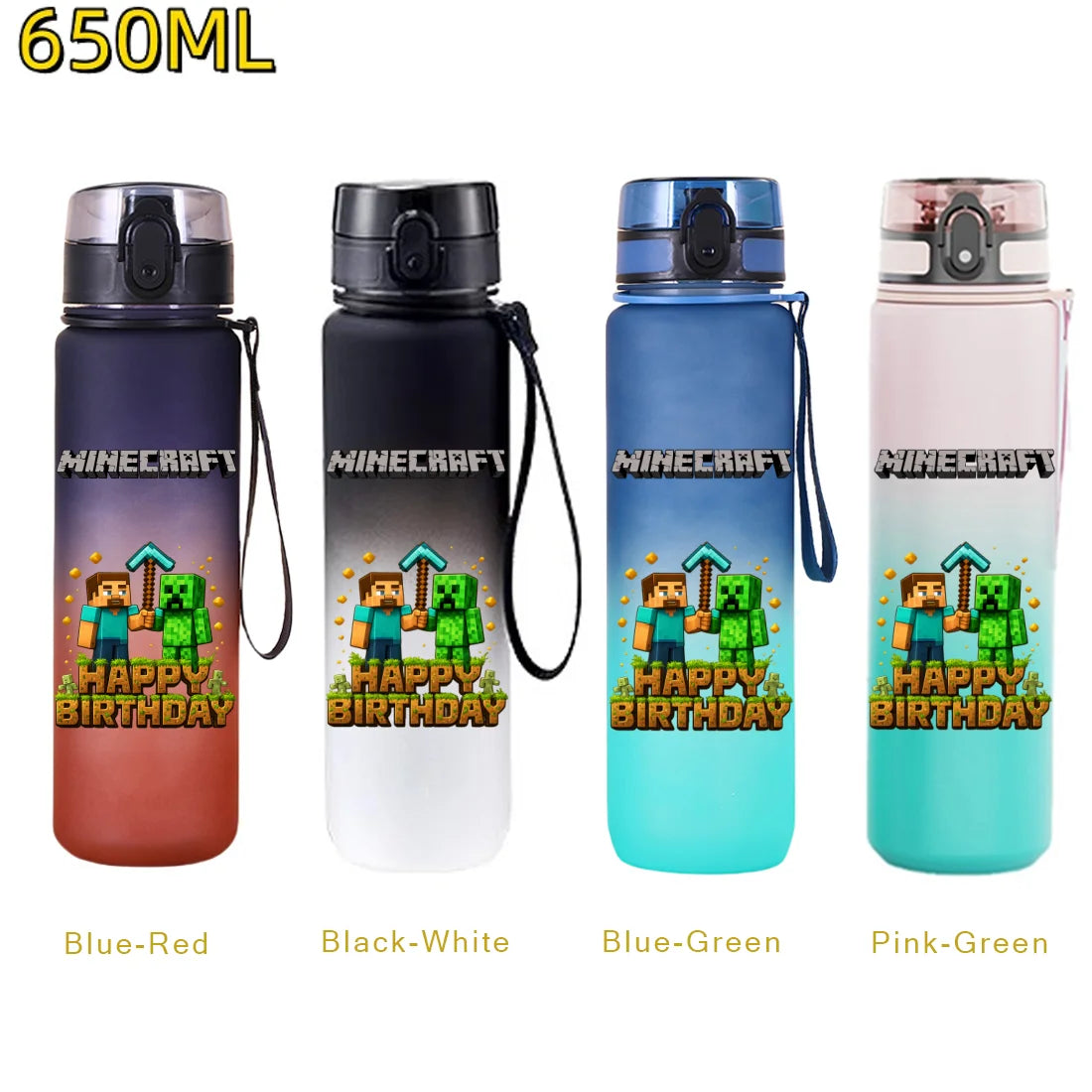 Bouteille d'eau sport Minecraft 650 ml, gourde en plastique anti-fuite, shaker de fitness pour extérieur, bouteille de voyage, gourde de bureau, cadeaux d'anniversaire